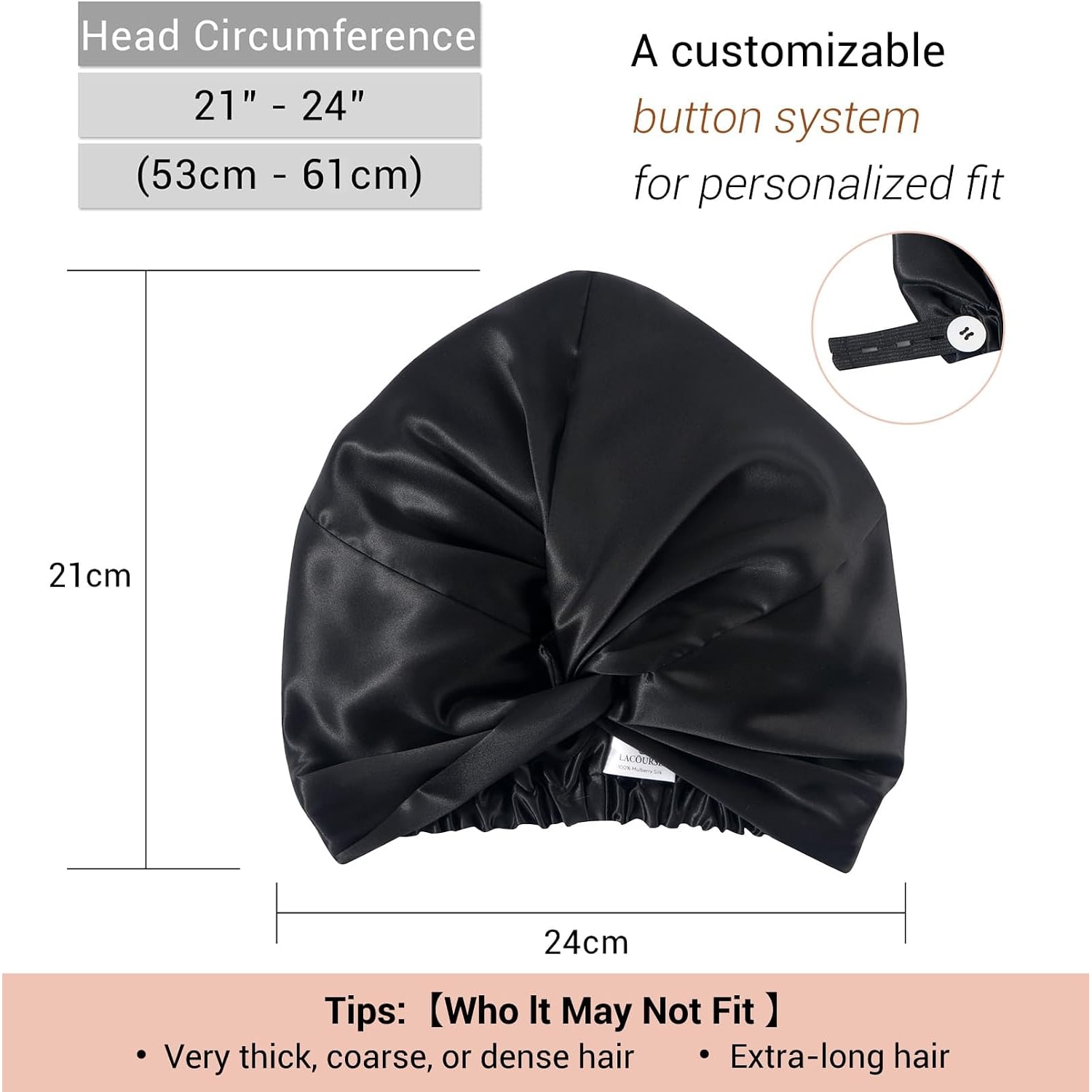 Black 22 Momme Double Layer Mulberry Silk Bonnet with Scrunchie