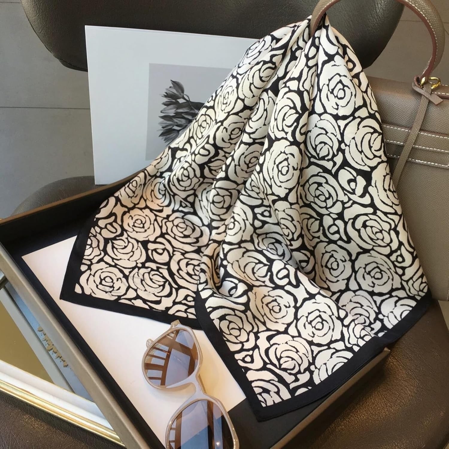 Black and Cream Rose Print Silk Scarf 66cm