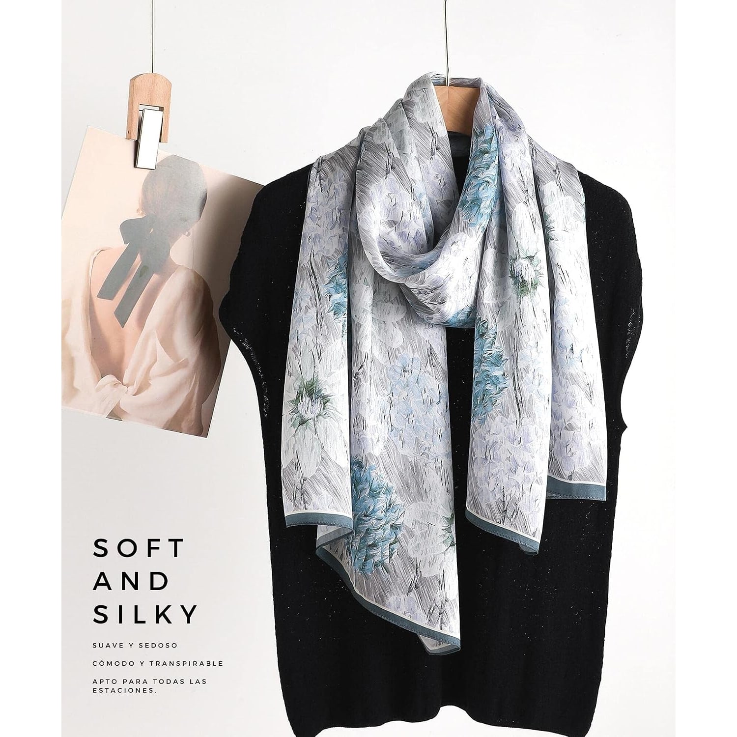Hydrangea Print Long Silk Scarf 173 x 53 cm