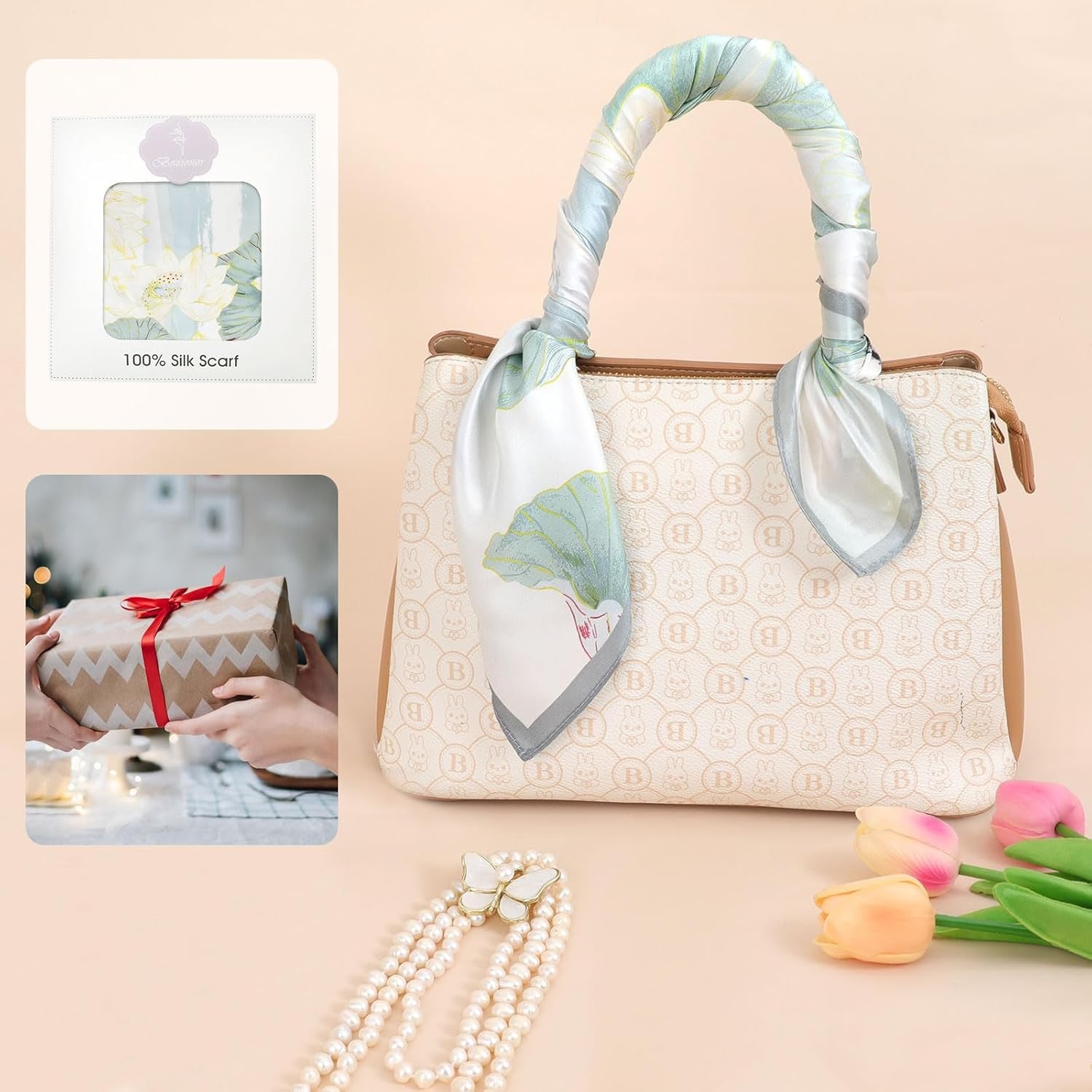 Light Blue Floral Mulberry Silk Head Scarf 68cm: image 4