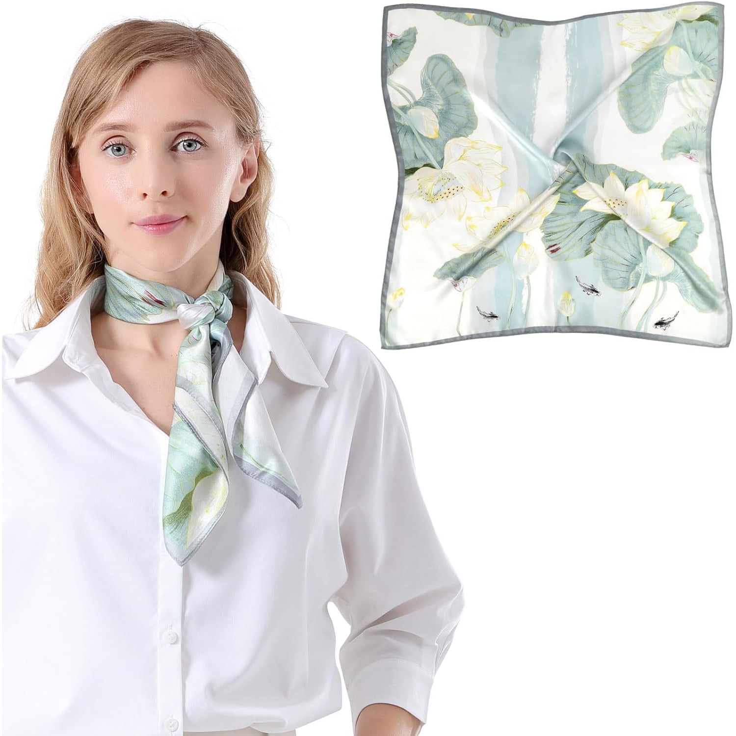 Light Blue Floral Mulberry Silk Head Scarf 68cm