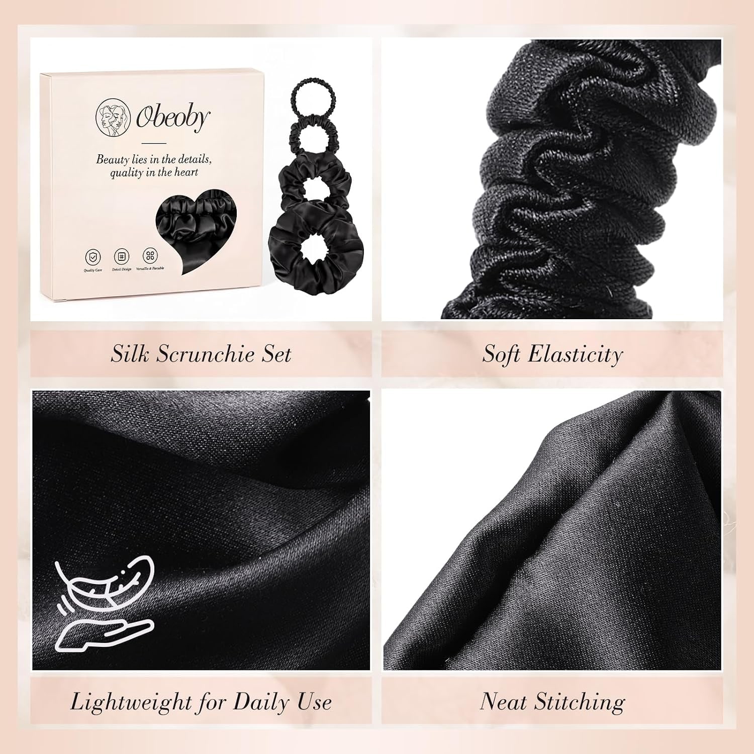 Black Mulberry Silk Hair Ties 4 Pack: image 4