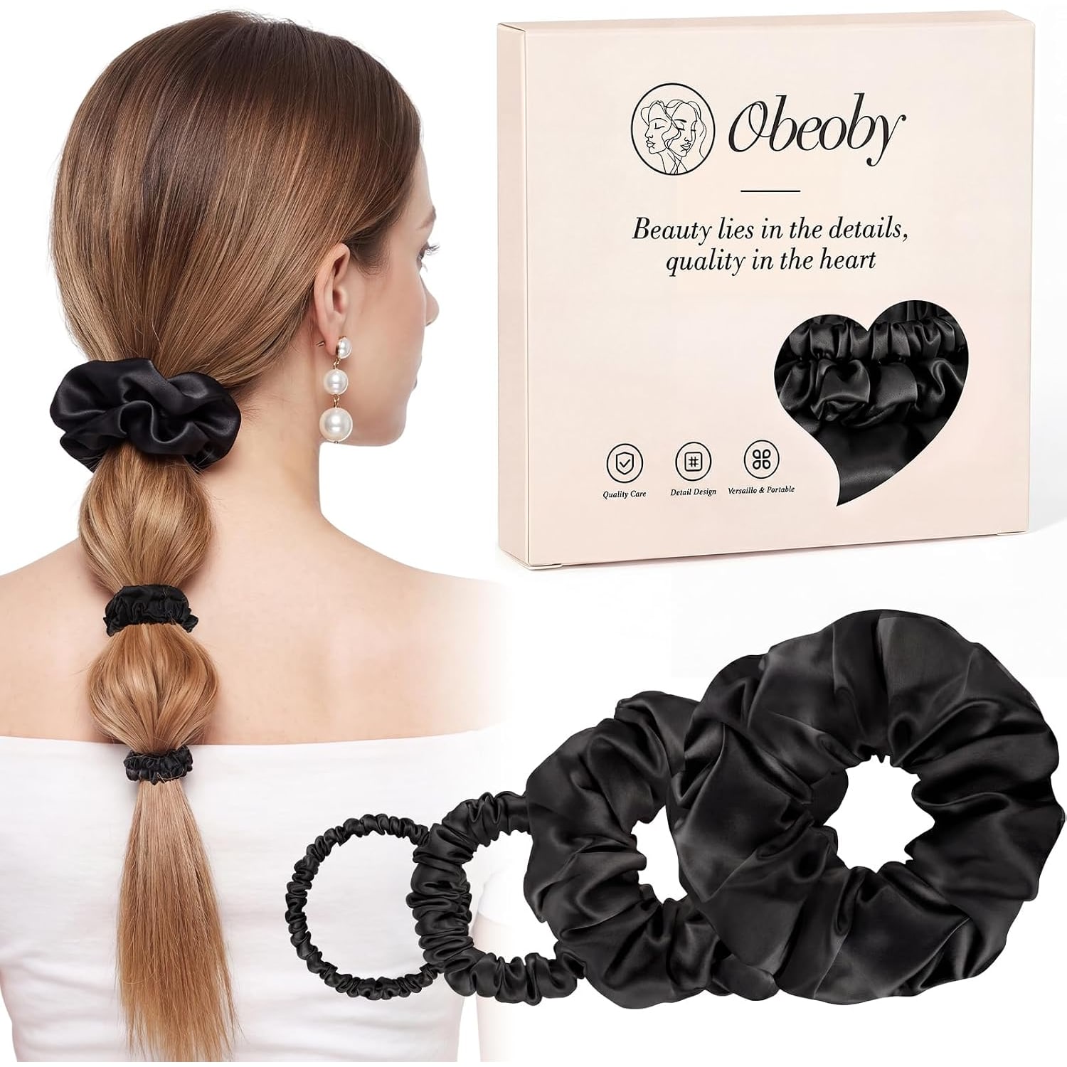Black Mulberry Silk Hair Ties 4 Pack