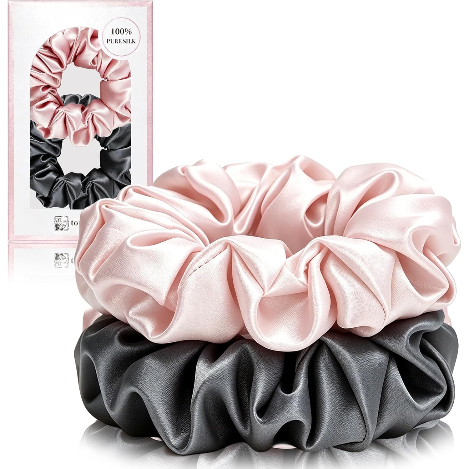 Large 22 Momme Silk Scrunchies 2 Pack (Grey and Pink)