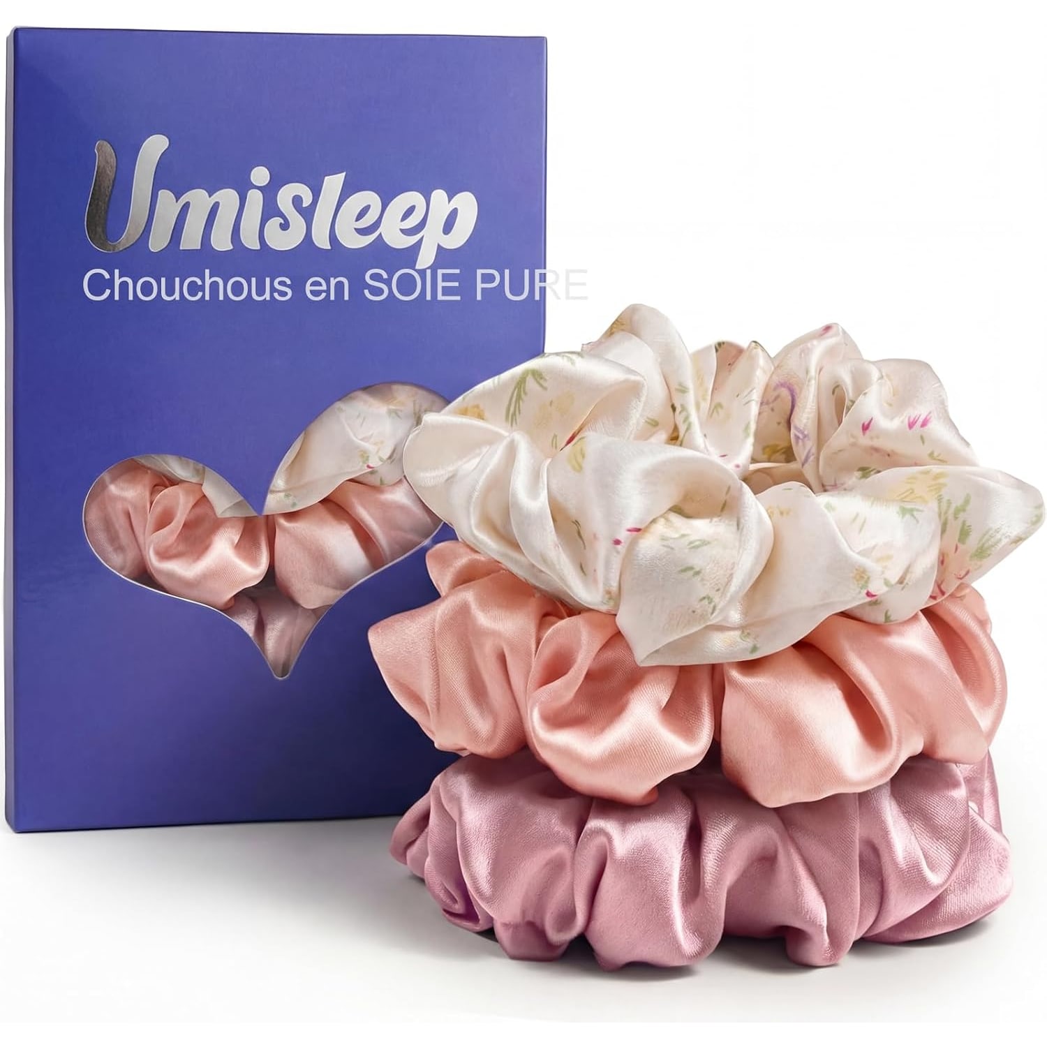 Mulberry Silk Scrunchies Set of 3, Cream Print, Pink and Dusty Rose