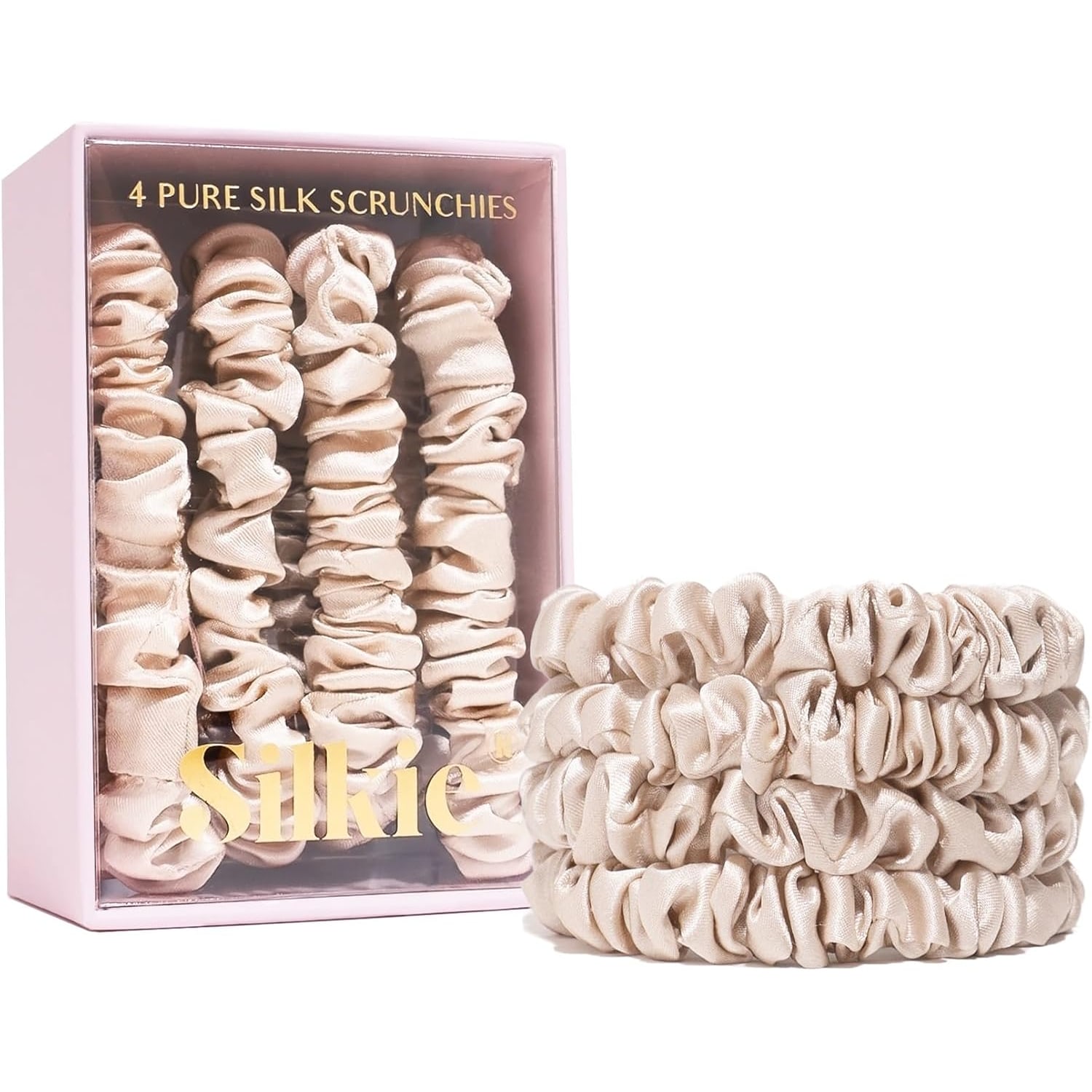 Skinny Mulberry Silk Scrunchies, 4 Pack, Champagne