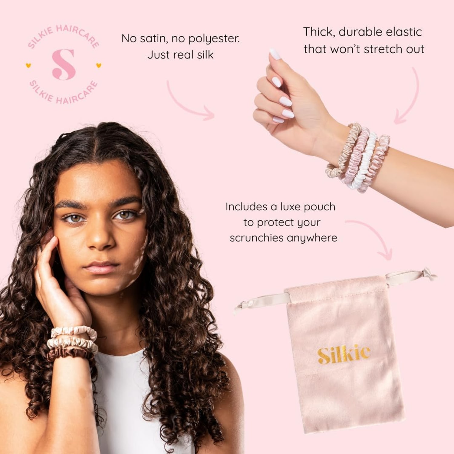 Skinny Mulberry Silk Scrunchies, 4 Pack, Champagne: image 2